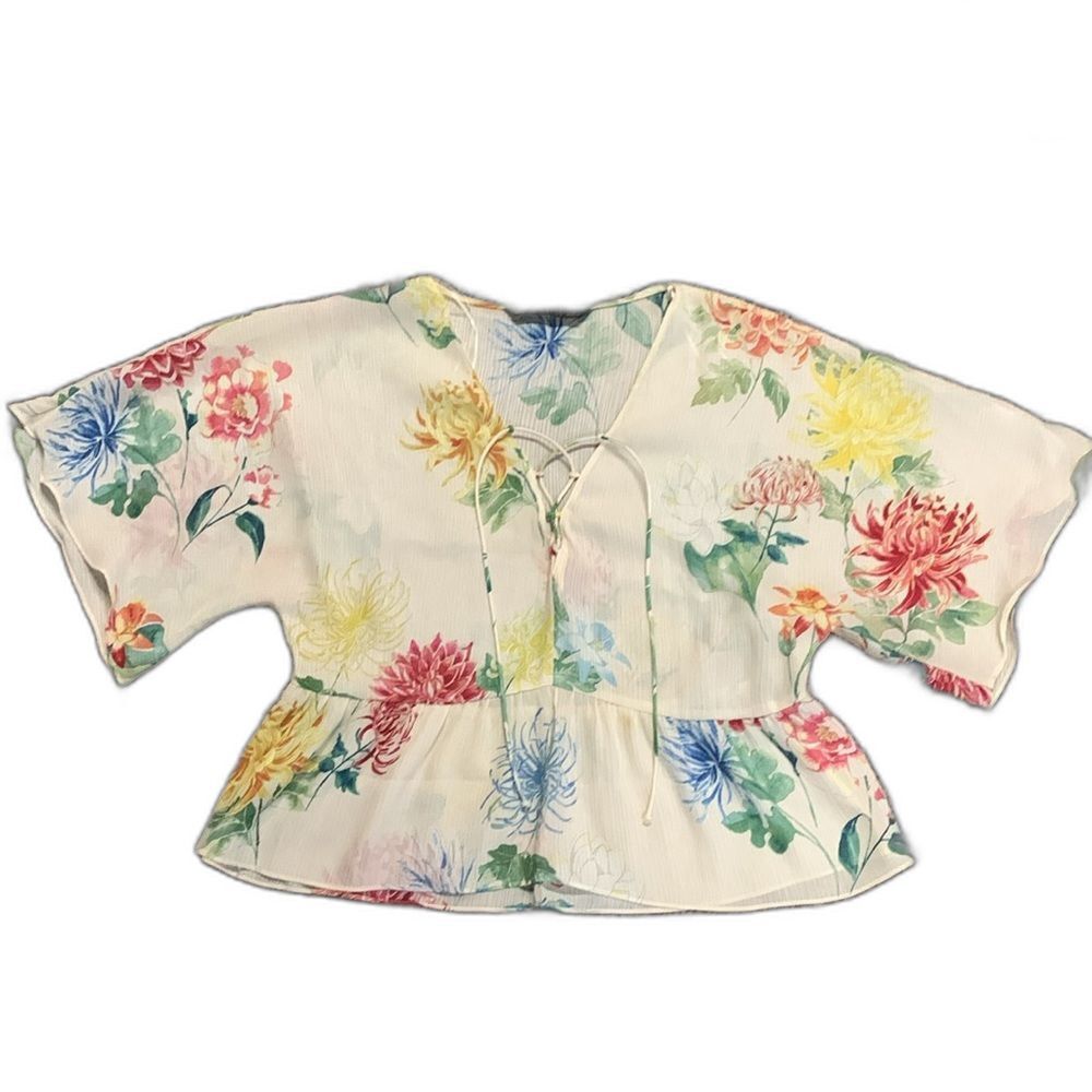 Zara Women's Ivory Multicolor Floral Lace-Up Kimono Sleeve Peplum Top Size M - Picture 2 of 12